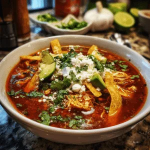 Chicken tortilla soup with tortilla strips, avocado, and cilantro in a white bowl.