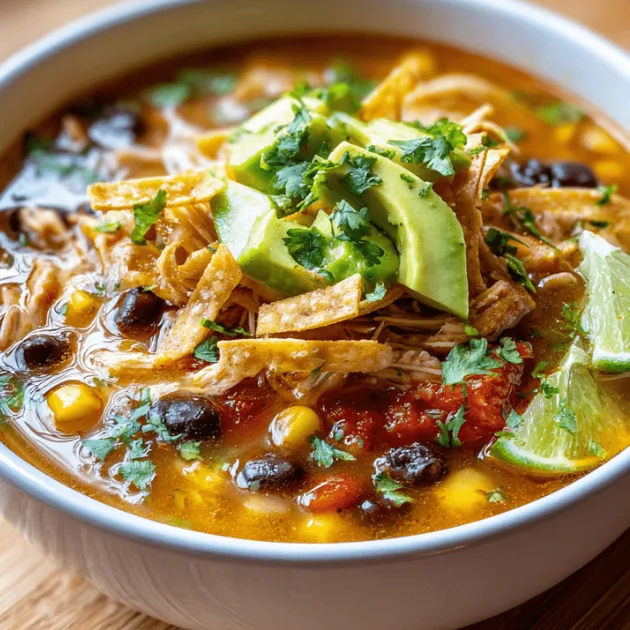served bowl of chicken tortilla soup topped with avocado, cilantro, and tortilla strips