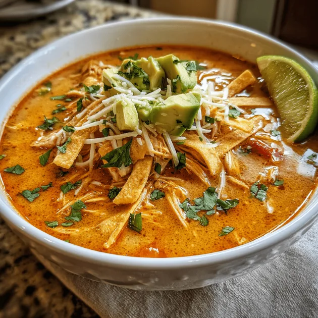 creamy chicken tortilla soup with tortilla strips, avocado, and lime in a white bowl