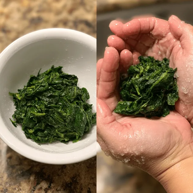 Hands squeezing thawed frozen spinach over bowl to remove excess water for spinach dip