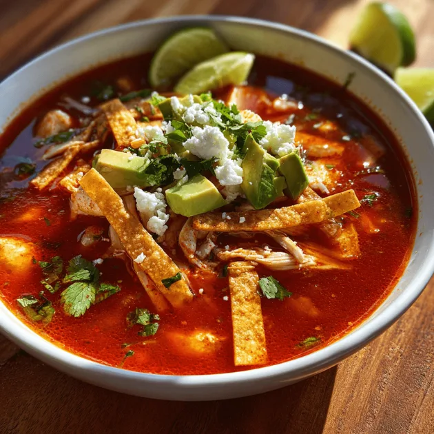 Assembling chicken tortilla soup with toppings before serving.