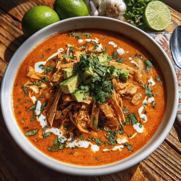 bowl of creamy tomato chicken tortilla soup with toppings and lime wedges