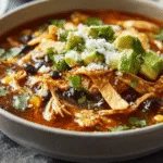 creamy chicken tortilla soup with tortilla strips, avocado, and lime in a white bowl