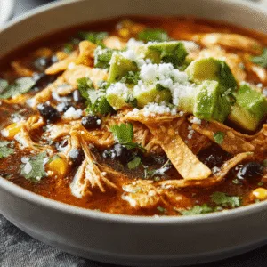 creamy chicken tortilla soup with tortilla strips, avocado, and lime in a white bowl