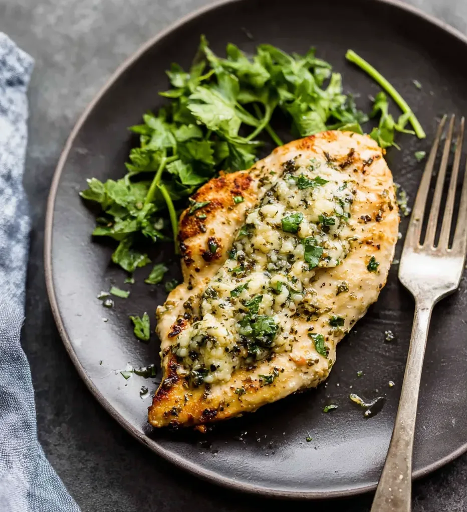 Garlic herb chicken breast served on a dark plate with fresh greens.